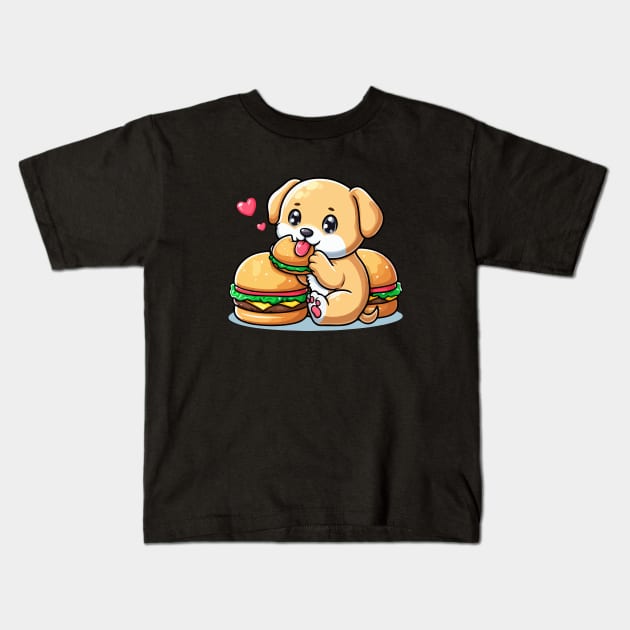 puppy dog pet sticker cartoon vector illustration eat burger Kids T-Shirt by art poo